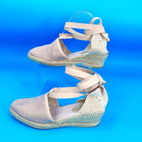 ILSE JACOBSON METALLIC THREAD BEIGE RIBBON TIE UP ANKLE STRAP ESPADRILLE WEDGE S - Picture 1 of 9